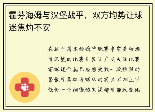 霍芬海姆与汉堡战平，双方均势让球迷焦灼不安